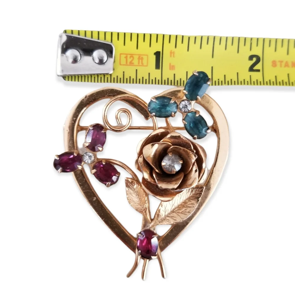 Vintage Signed Coro Gold Tone Heart Brooch Ruby Sapphire Rhinestone